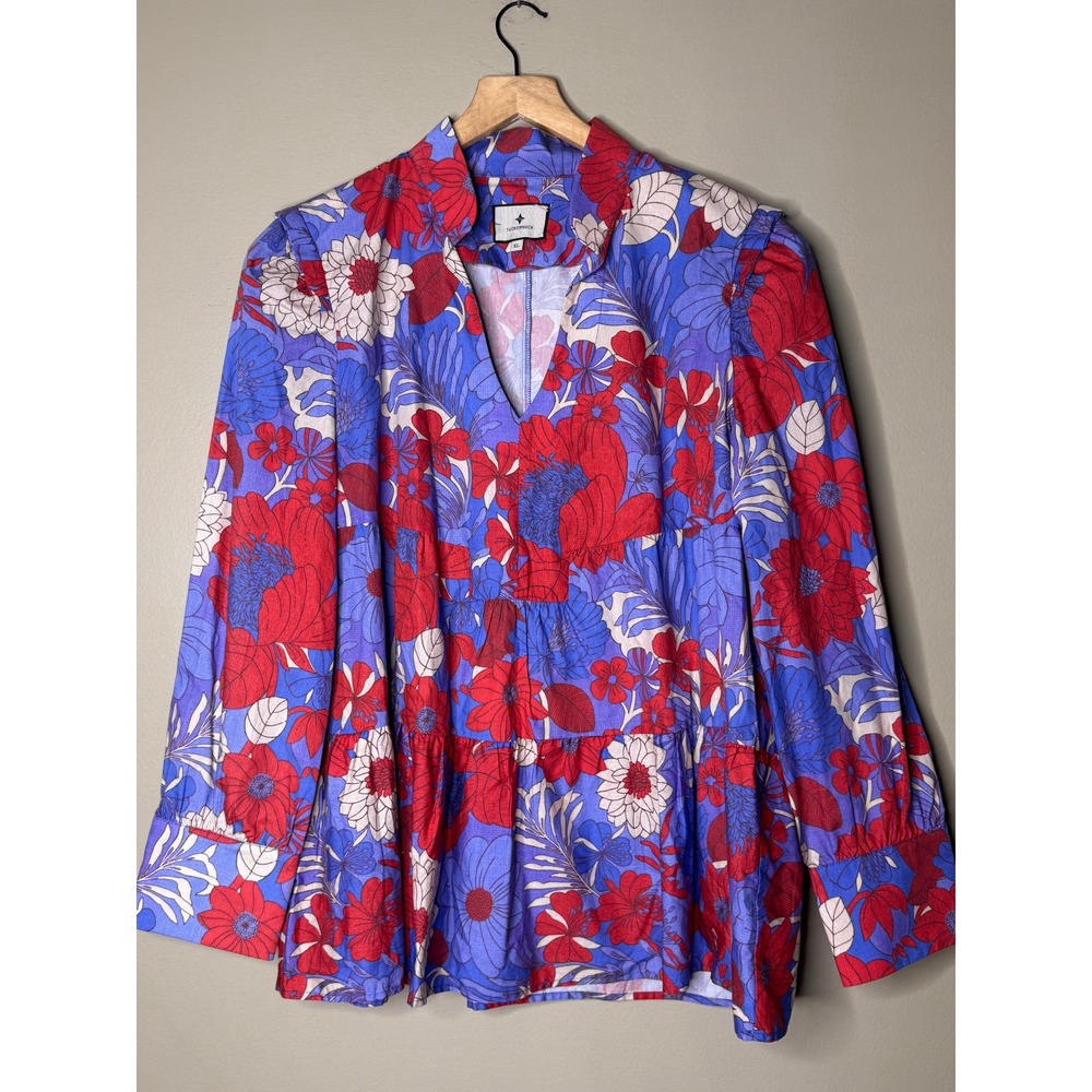 Tuckernuck Blue Red Floral Tiered Cotton V-Neck Popover Blouse XL Long Sleeve